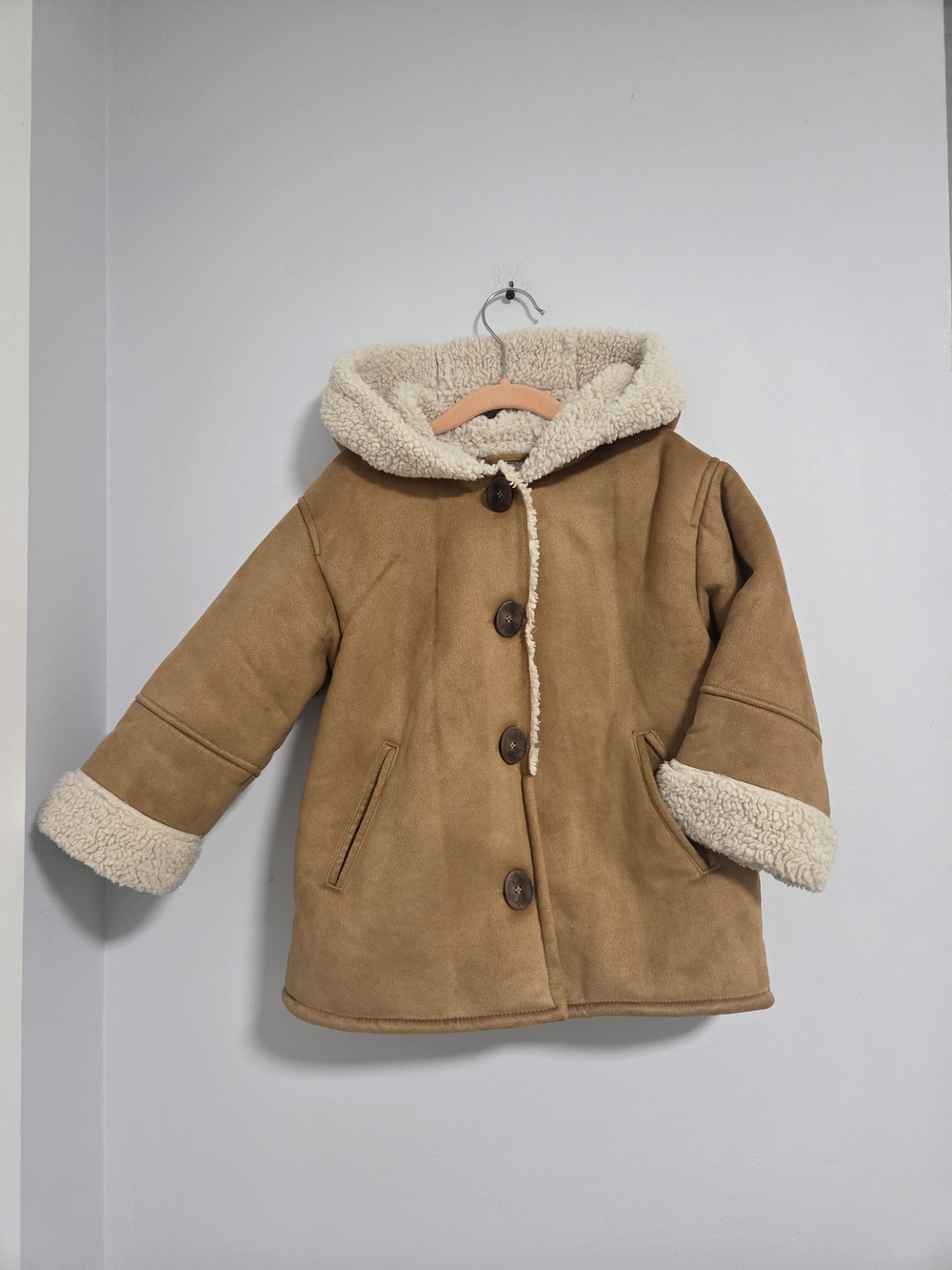 Zara Kids Cozy Shearling-Lined Hooded Coat - Tan